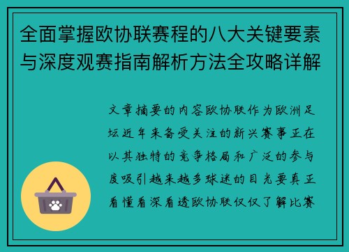 全面掌握欧协联赛程的八大关键要素与深度观赛指南解析方法全攻略详解